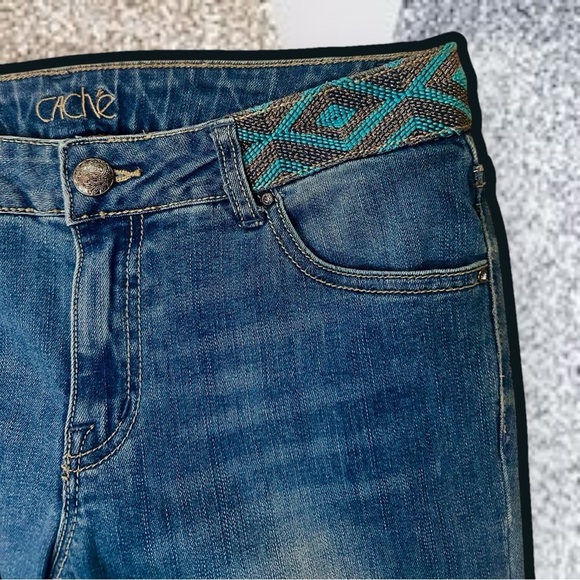 Caché Vintage Y2K Medium Wash Denim Capris with Turquoise Braided Stitch Waist 4 - Picture 4 of 13